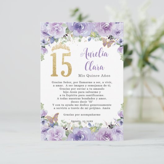 Paarse Bloemen Vlinders Quinceañera Gebed Kaart (Staand voorkant)