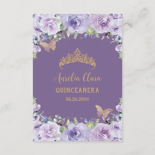 Paarse Bloemen Vlinders Quinceañera Gebed Kaart (Achterkant)