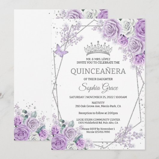 Paarse bloemen vlinders Quinceañera Verjaardag Kaart (Voorkant / Achterkant)