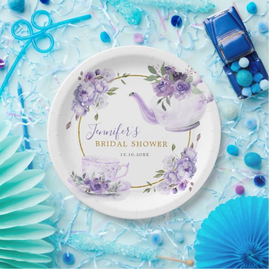 Paarse Bloemen Vrijgezellenfeest Tea Party Papier  Papieren Bordje (Feest)