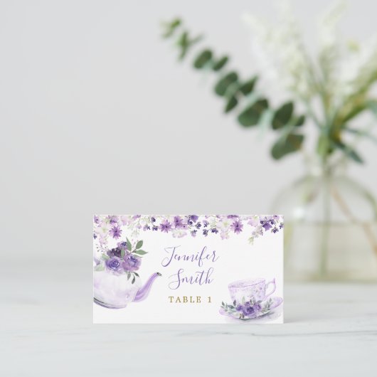 Paarse Bloemen Vrijgezellenfeest Tea Party Place C Plaatskaartje (Staand voorkant)