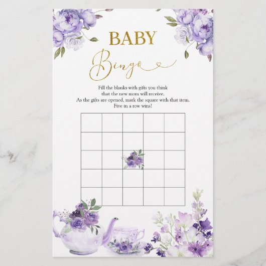 Paarse Bloemen Vrijgezellenfeest Thee Baby Bingo S (Voorkant)
