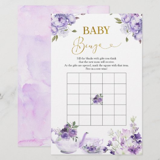 Paarse Bloemen Vrijgezellenfeest Thee Baby Bingo S (Voorkant / Achterkant)