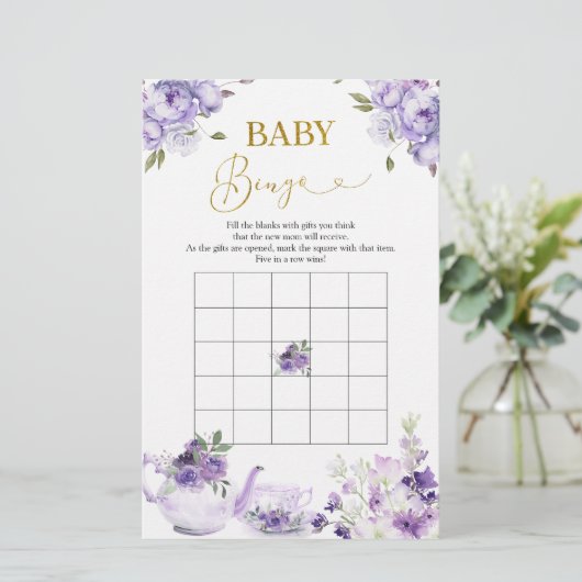 Paarse Bloemen Vrijgezellenfeest Thee Baby Bingo S (Staand voorkant)