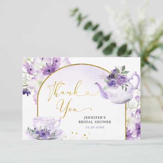 Paarse Bloemen Vrijgezellenfeest Thee Dank u kaart (Staand voorkant)