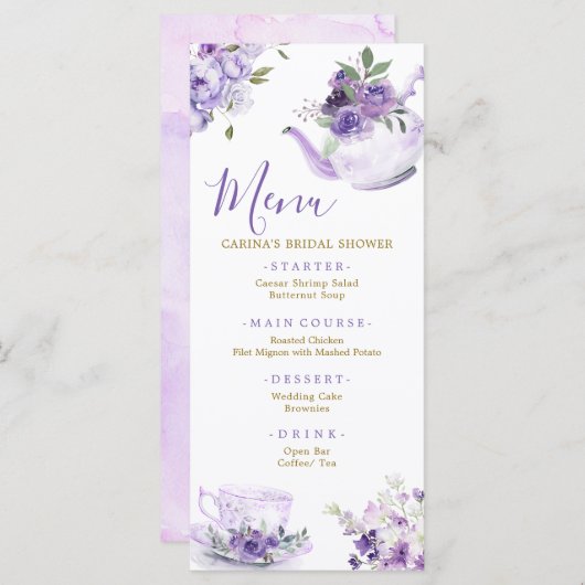 Paarse Bloemen Vrijgezellenfeest Thee Menu Kaart (Voorkant / Achterkant)