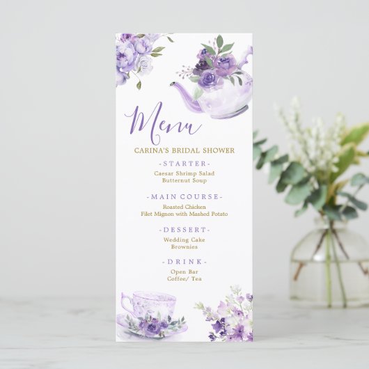 Paarse Bloemen Vrijgezellenfeest Thee Menu Kaart (Staand voorkant)