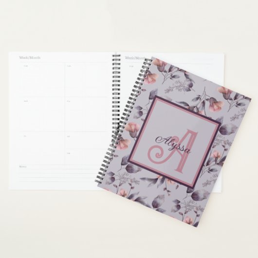 Paarse Bloemen Vrouwelijke Monogrammed Initiaal &  Planner (Display)