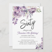 Paarse Bloemen Waterverf 60ste Verjaardag Uitnodig Kaart (Voorkant)