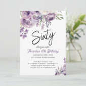 Paarse Bloemen Waterverf 60ste Verjaardag Uitnodig Kaart (Staand voorkant)