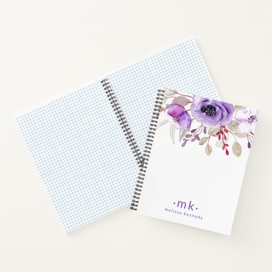 Paarse Bloemen Waterverf Aangepaste Naam Monogram Notitieboek (Binnen)
