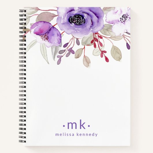 Paarse Bloemen Waterverf Aangepaste Naam Monogram Notitieboek (Voorkant)