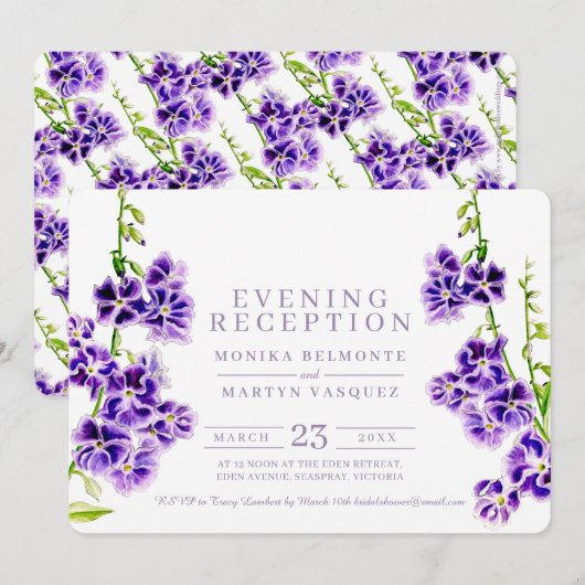 Paarse bloemen waterverf avondreceptie kaart (Voorkant / Achterkant)