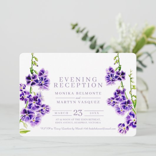 Paarse bloemen waterverf avondreceptie kaart (Staand voorkant)
