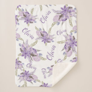 Paarse bloemen waterverf Baby Meisje Naam script Sherpa Deken