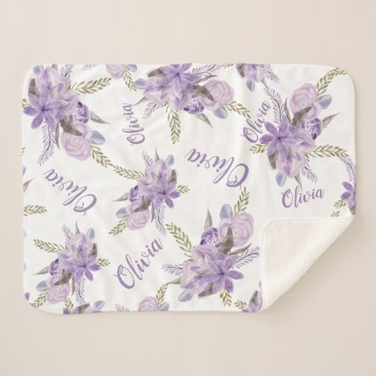 Paarse bloemen waterverf Baby Meisje Naam script Sherpa Deken (Voorkant (horizontaal))