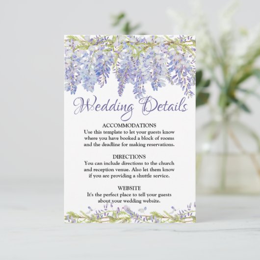 Paarse Bloemen Waterverf Bruiloft Details Kaart (Staand voorkant)