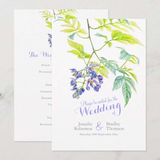 Paarse bloemen waterverf bruiloft programmakaart (Voorkant / Achterkant)