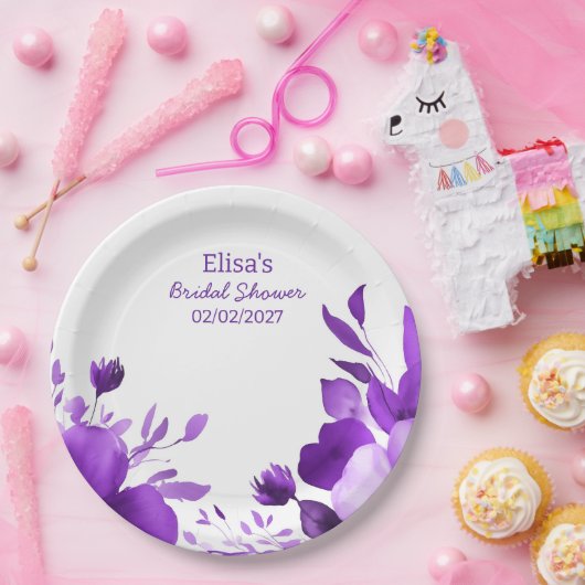 Paarse Bloemen Waterverf Custom Vrijgezellenfeest Papieren Bordje (Feest)