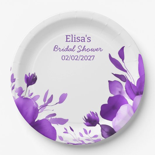 Paarse Bloemen Waterverf Custom Vrijgezellenfeest Papieren Bordje (Voorkant)