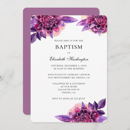 Paarse bloemen waterverf doopuitnodiging kaart (Voorkant / Achterkant)