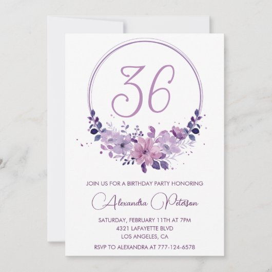 Paarse Bloemen Waterverf Elegant 36ste verjaardag Kaart (Voorkant)