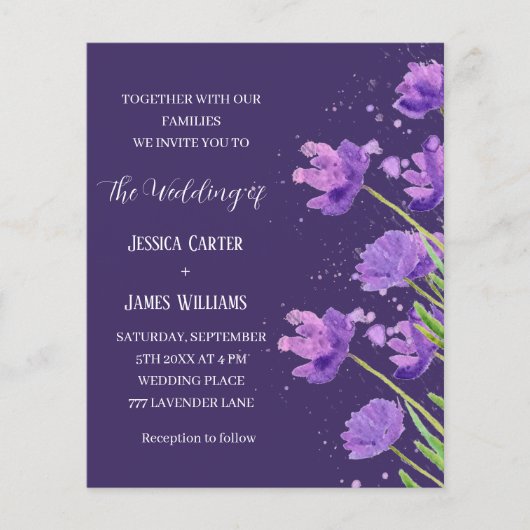 Paarse Bloemen Waterverf Elegant Eenvoudige Bruilo (Voorkant)