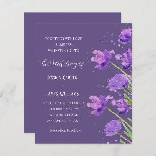 Paarse Bloemen Waterverf Elegant Eenvoudige Bruilo (Voorkant / Achterkant)