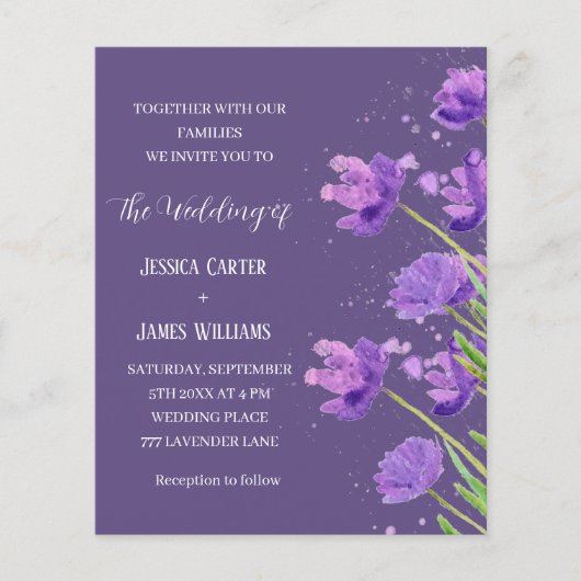 Paarse Bloemen Waterverf Elegant Eenvoudige Bruilo (Voorkant)