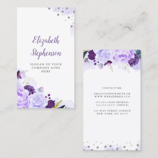 Paarse Bloemen Waterverf Elegant en Modern Visitekaartje (Voorkant / Achterkant)