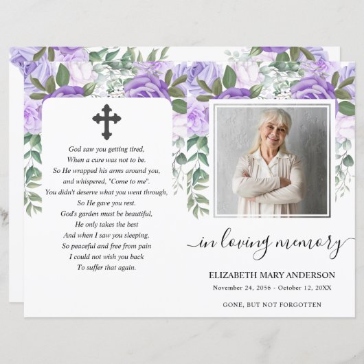 Paarse Bloemen Waterverf Foto Begrafenisprogramma (Voorkant / Achterkant)