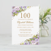 Paarse Bloemen Waterverf Goud 100ste Verjaardag Kaart (Staand voorkant)