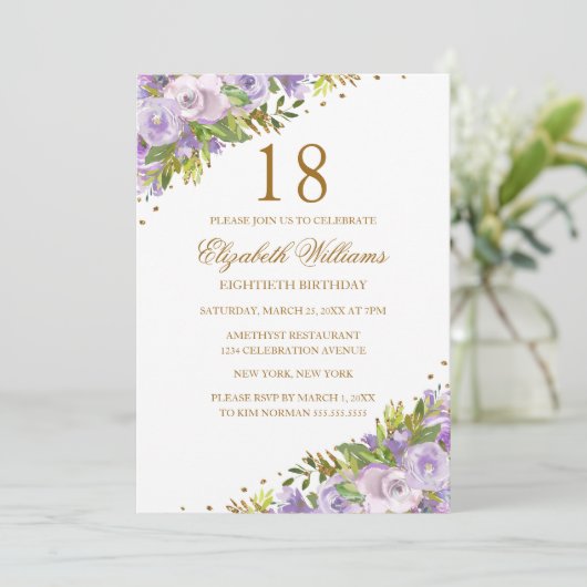 Paarse Bloemen Waterverf Goud 18e Verjaardag Kaart (Staand voorkant)