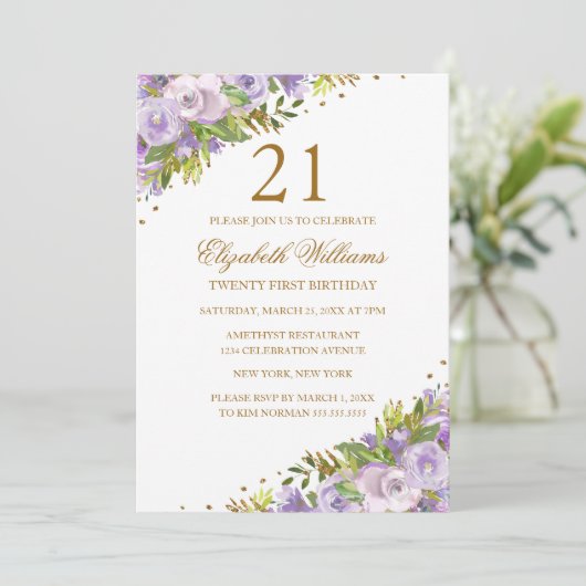 Paarse Bloemen Waterverf Goud 21ste Verjaardag Kaart (Staand voorkant)