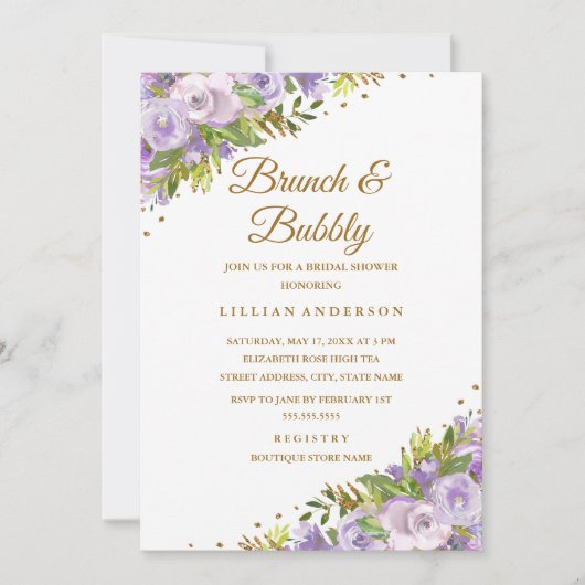 Paarse bloemen Waterverf gouden brunch en bubbels Kaart (Voorkant)
