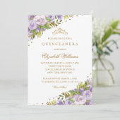 Paarse Bloemen Waterverf Gouden Quinceanera Kaart (Staand voorkant)