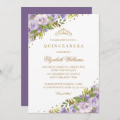 Paarse Bloemen Waterverf Gouden Quinceanera Kaart (Voorkant / Achterkant)