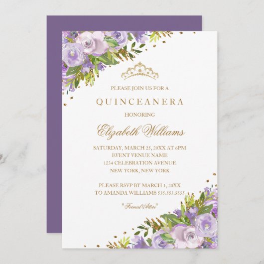 Paarse Bloemen Waterverf Gouden Quinceanera Kaart (Voorkant / Achterkant)