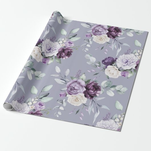 Paarse Bloemen Waterverf Modern Cadeaupapier (Uitgerold)