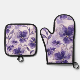Paarse Bloemen Waterverf Paarse Bloemen Geschilder Ovenwant & Pannenlap Set