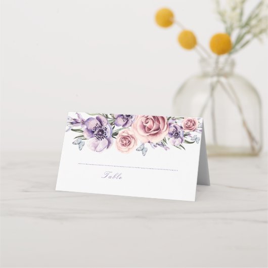 Paarse Bloemen Waterverf Place Card Plaatskaartje (Voorkant)