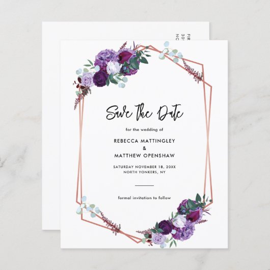Paarse Bloemen Waterverf Save the Date Briefkaart (Voorkant / Achterkant)