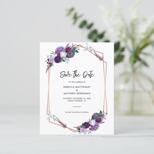 Paarse Bloemen Waterverf Save the Date Briefkaart (Staand voorkant)