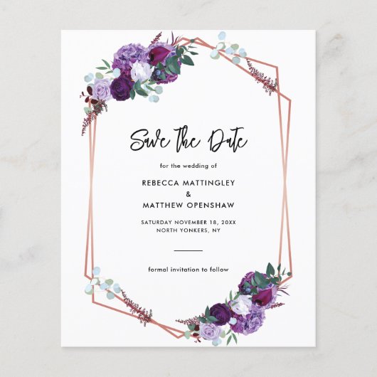 Paarse Bloemen Waterverf Save the Date Briefkaart (Voorkant)