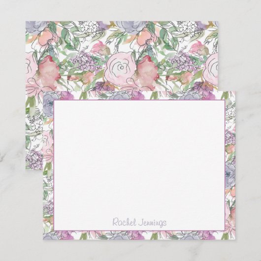 Paarse Bloemen Waterverf Schets Gepersonaliseerde  Notitiekaartje (Voorkant / Achterkant)