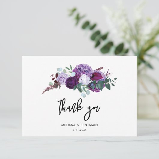 Paarse Bloemen Waterverf Script Bruiloft Bedankkaart (Staand voorkant)
