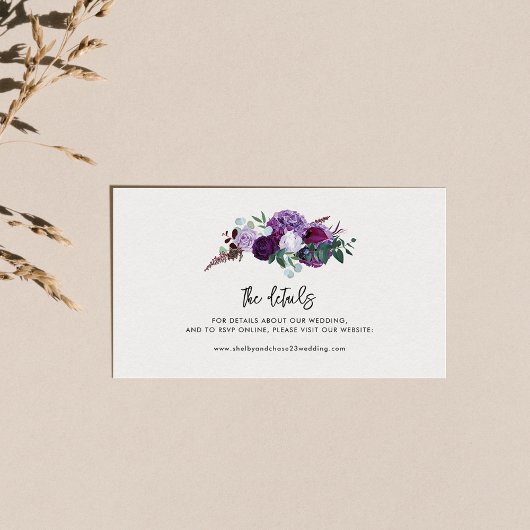 Paarse Bloemen Waterverf Script bruiloft details Informatiekaartje