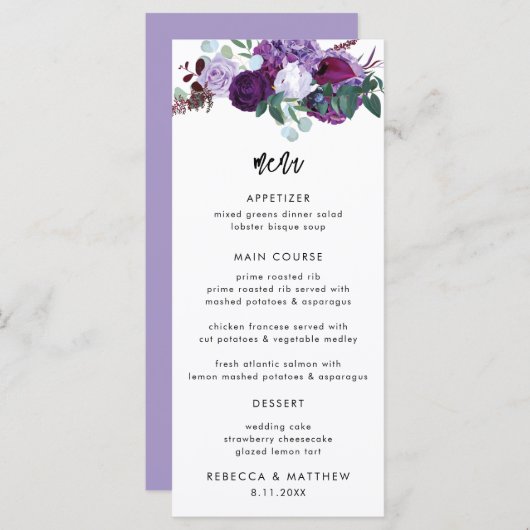 Paarse Bloemen Waterverf Script Bruiloft Diner Menu (Voorkant / Achterkant)