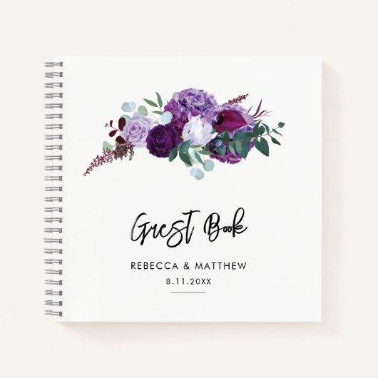 Paarse Bloemen Waterverf Script Bruiloft Gast Notitieboek (Voorkant)