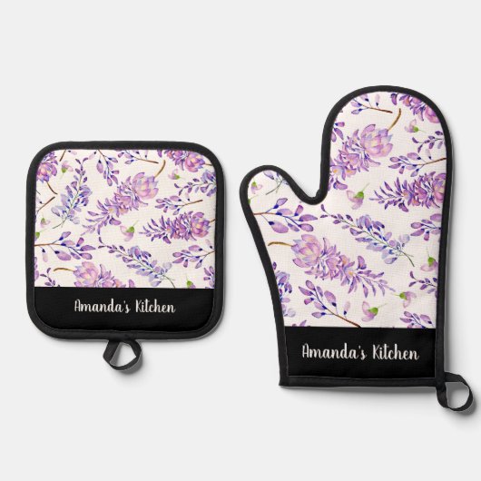 Paarse Bloemen Waterverf Script gepersonaliseerd Ovenwant & Pannenlap Set (Voorkant)